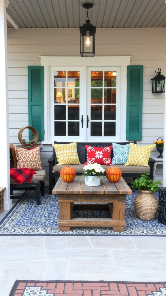 Cozy outdoor seating area with colorful cushions, wooden table, and decorative items.