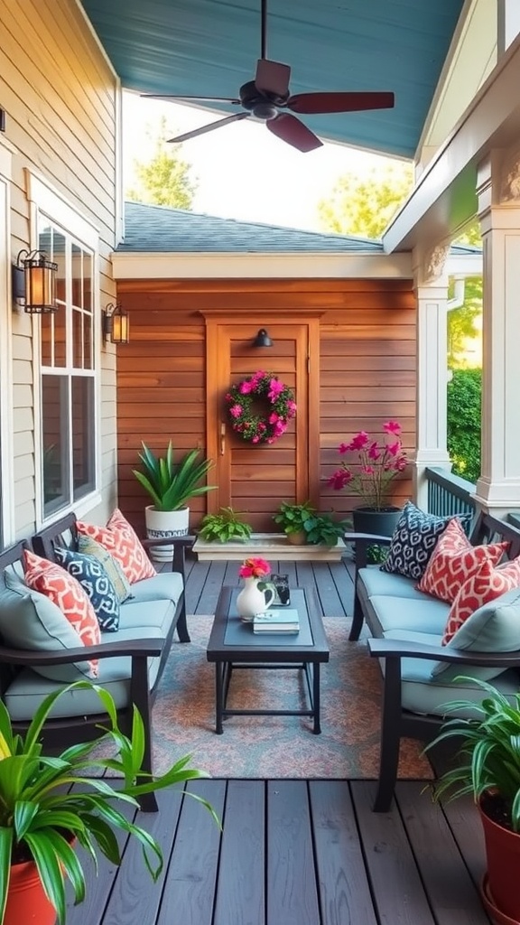 A cozy back porch seating arrangement with two sofas, a coffee table, and plants.