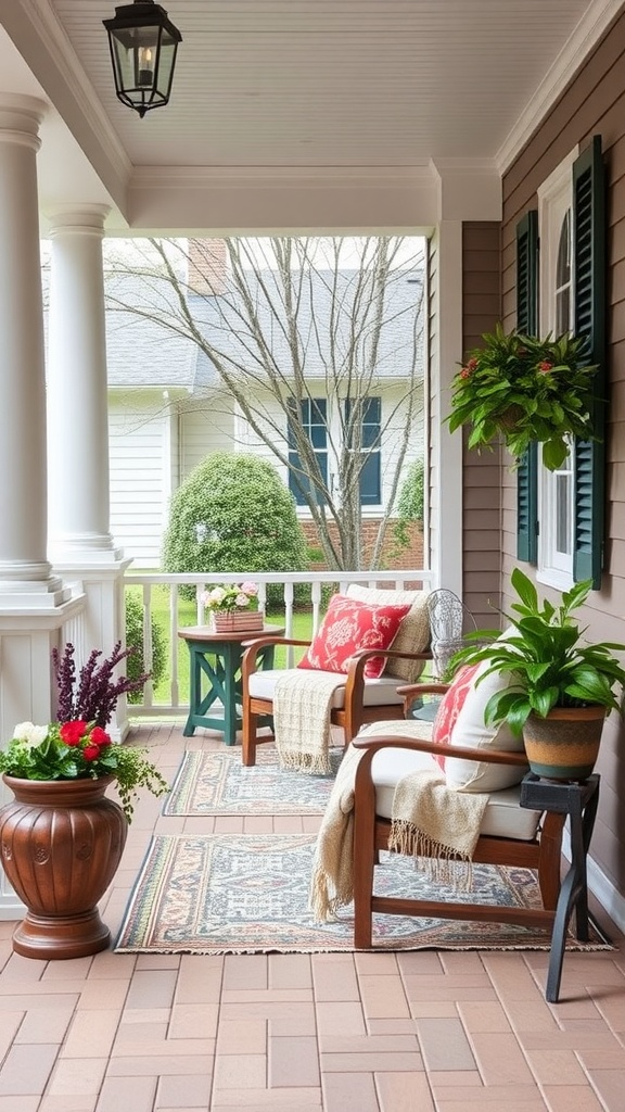 Cozy porch with seating, colorful cushions, plants, and a decorative rug