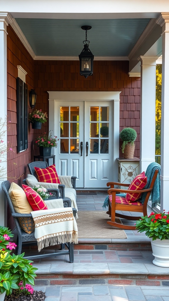 Cozy front porch seating with two chairs, colorful pillows, a blanket, and flower planters.