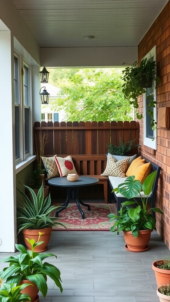 Cozy seating nook on a small back porch with plants and cushions