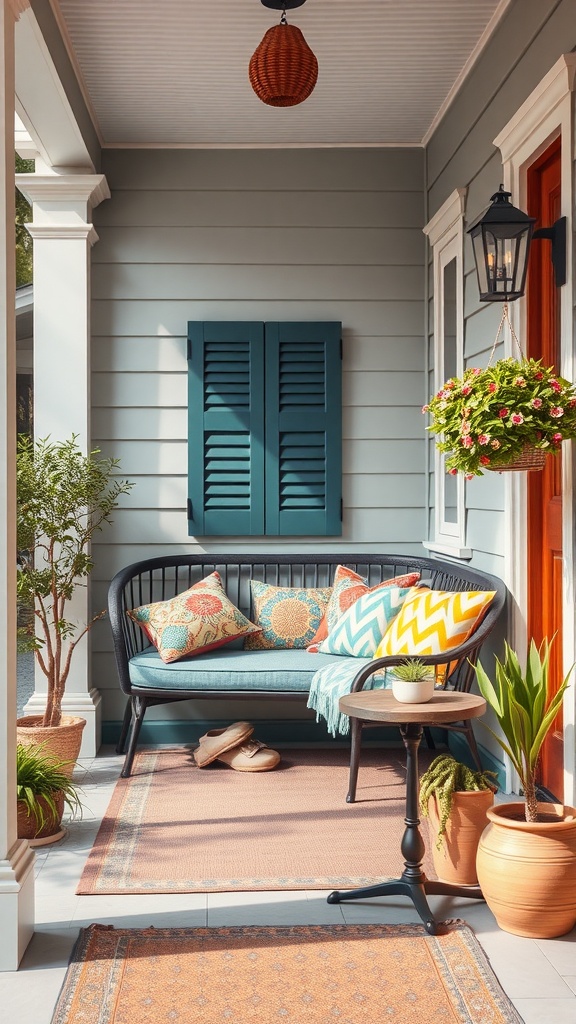 A cozy porch with a bench, colorful cushions, plants, and warm lighting.