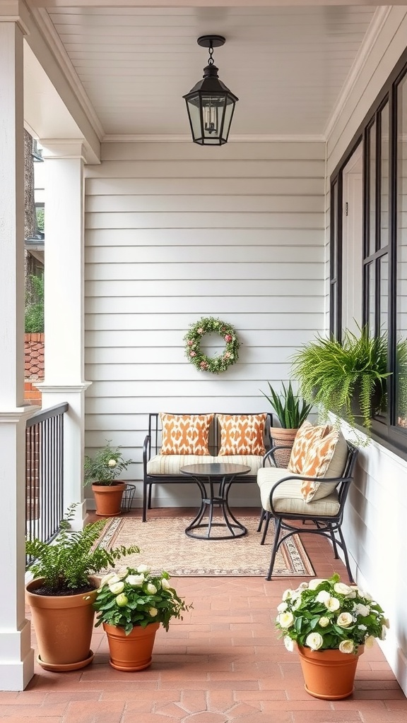 A cozy porch setup with a small table, chairs, vibrant cushions, potted plants, and a hanging lantern.