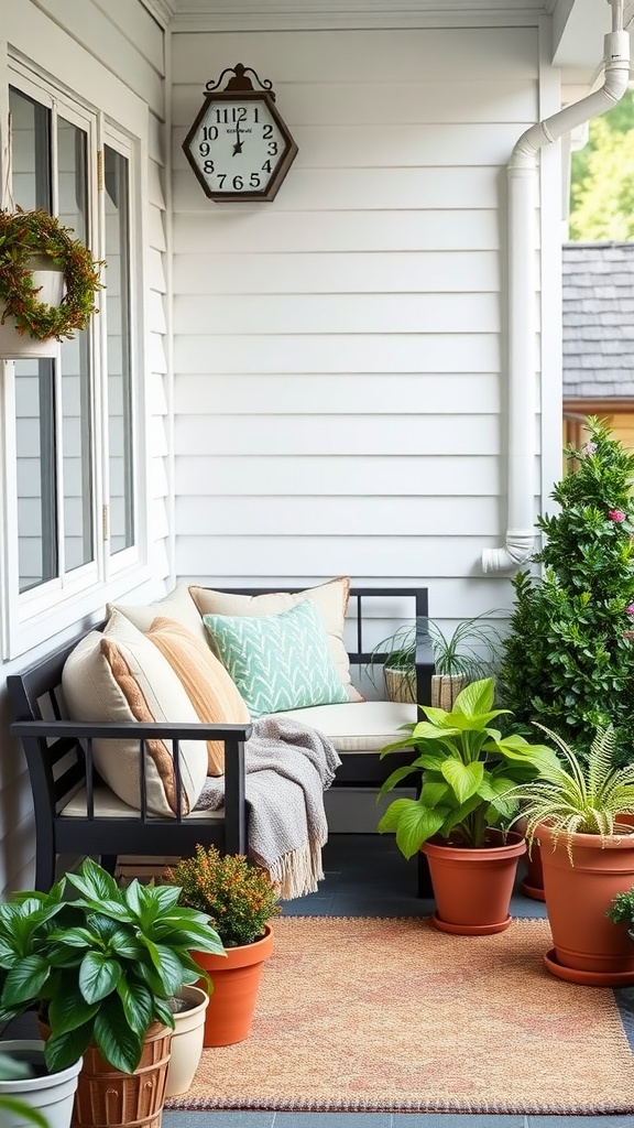 A cozy porch seating area with a bench, cushions, plants, and a clock.