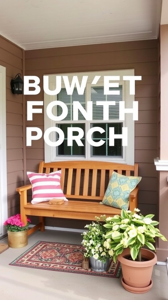Cozy seating nook on a small front porch with a wooden bench, colorful pillows, and potted plants.