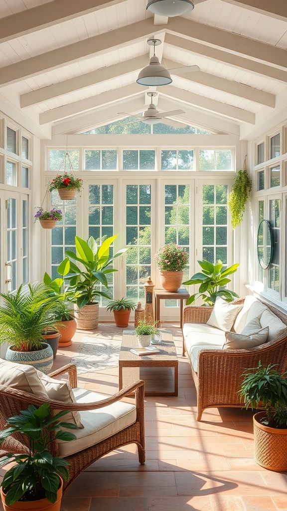Cozy sunroom with wicker furniture and potted plants
