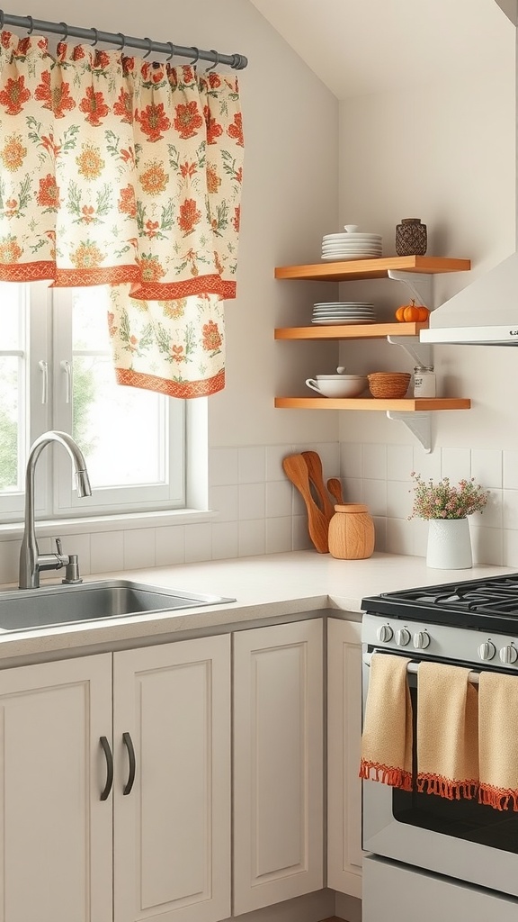 Cozy apartment kitchen with floral curtains, open shelves, and warm textiles.