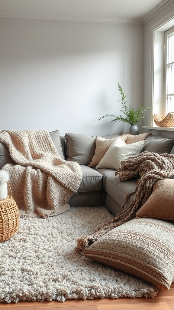 Cozy living room with a gray sofa, soft pillows, knitted blankets, and a fluffy rug.
