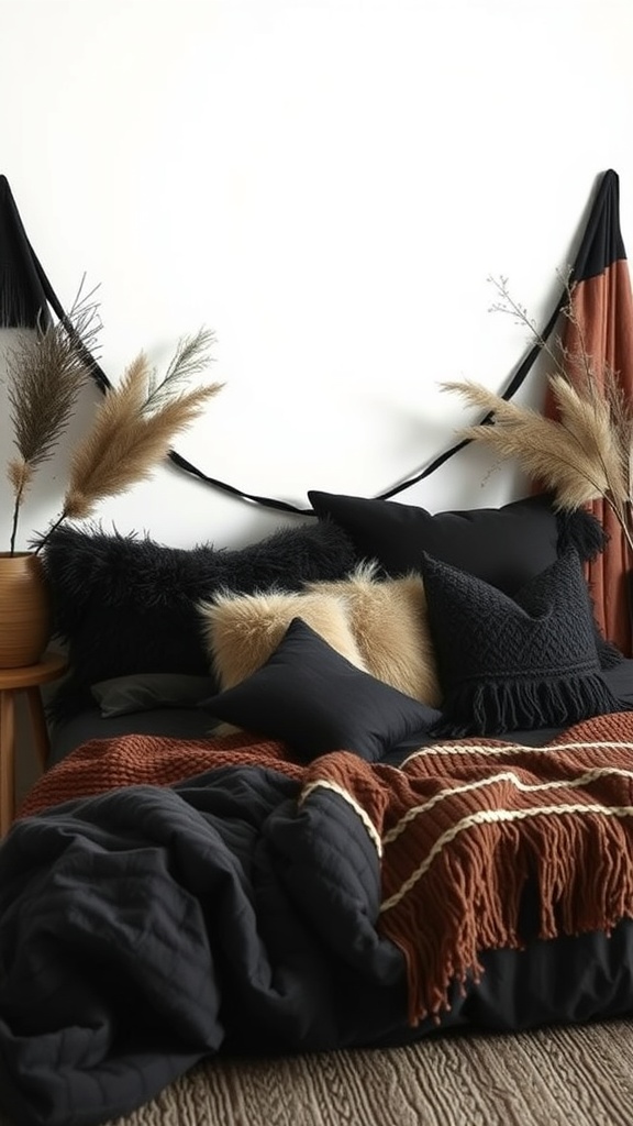 A cozy black and brown bedroom featuring a bed with various textured pillows and throws, complemented by decorative grasses.