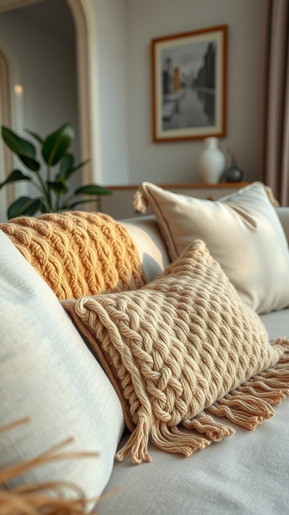Cozy pillows in warm tones on a couch in a well-decorated apartment.