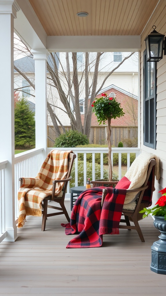 A cozy small porch with two chairs draped with throw blankets, a small table, and a hanging plant.