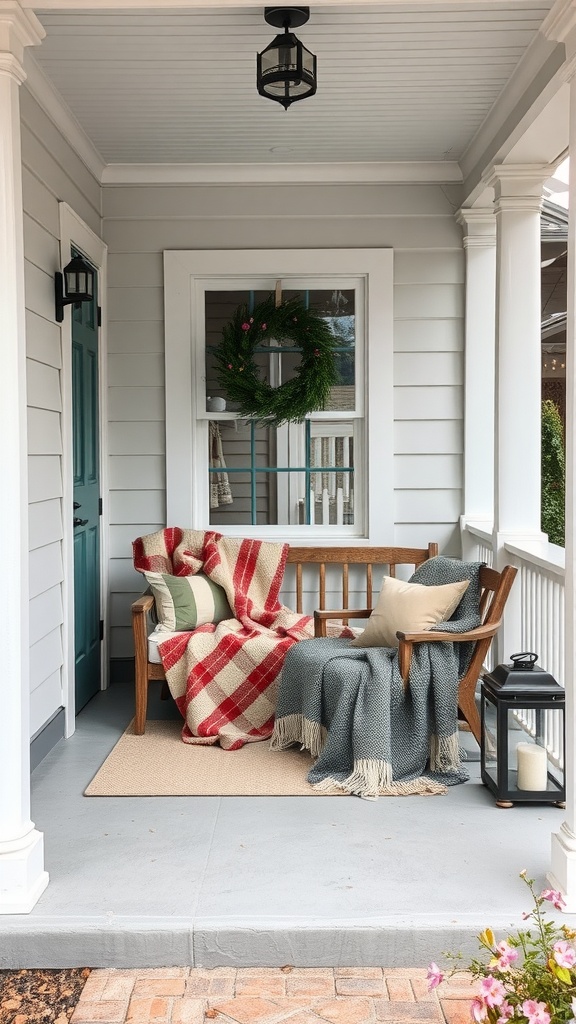 A cozy porch with a red and white checkered throw blanket and a gray throw on a wooden bench, featuring a wreath on the door.