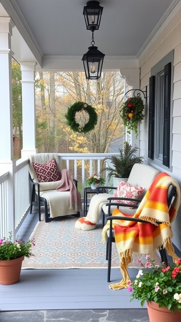 A cozy porch with throw blankets, plants, and decorative elements.