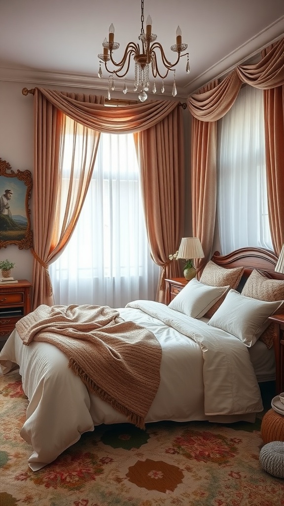 Cozy bedroom with elegant curtains, a comfortable bed covered with blankets and pillows, and a floral rug