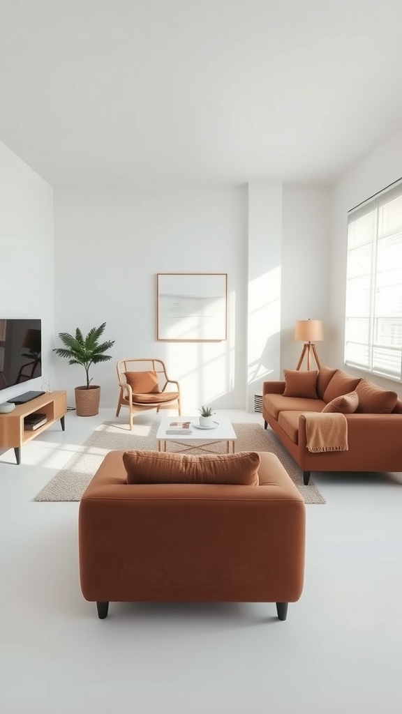 A minimalist brown living room featuring a cozy sofa, chair, and natural light.