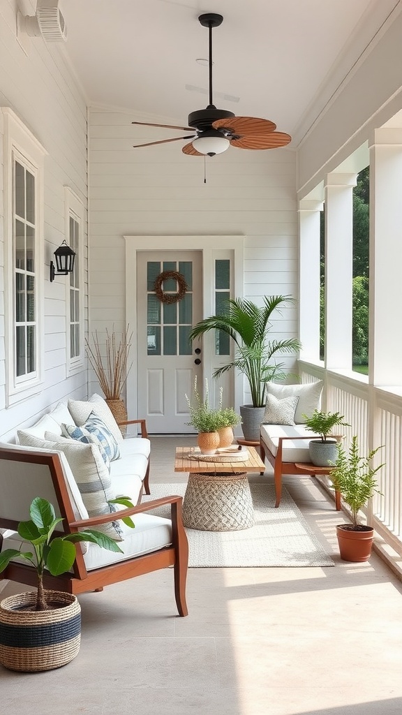 A minimalist back porch with comfortable seating, plants, and natural light.