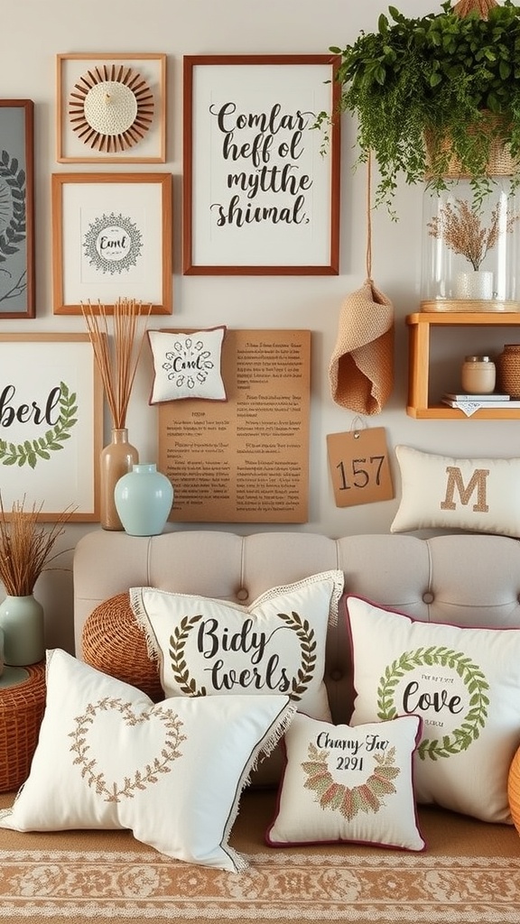 A cozy living space featuring decorative pillows and framed wall art.