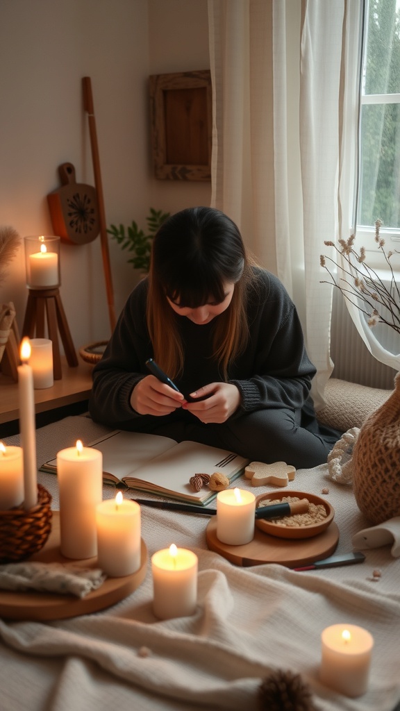 A person sitting on the floor in a cozy craft nook, surrounded by candles and natural decor, engaged in a creative activity.