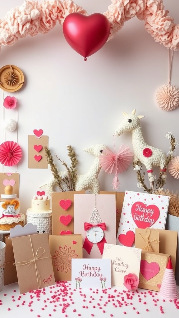 A colorful display of handmade birthday cards and decorations, featuring heart shapes, a balloon, and playful animal figures.