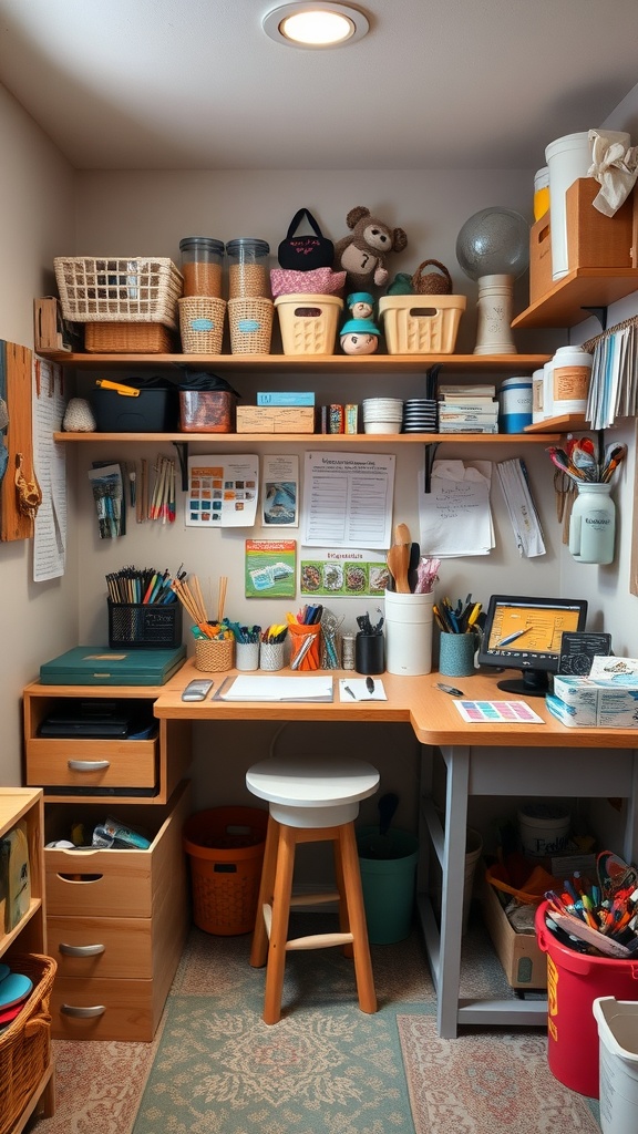 A well-organized crafting station with shelves filled with supplies, a desk, and a stool.