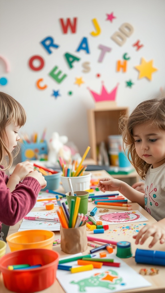 Two children engaged in crafting activities with colorful art supplies on a table.