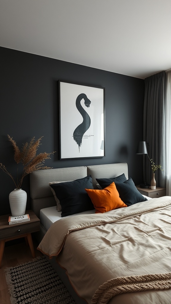 A cozy black and brown bedroom with a dark wall, light bedding, and colorful accent pillows.