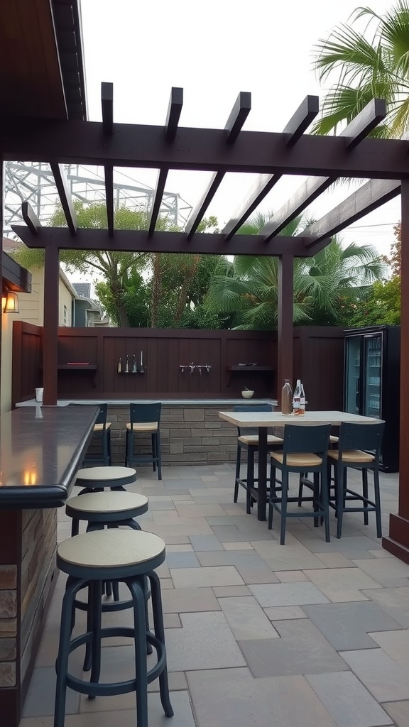 Outdoor kitchen bar area with seating and a pergola