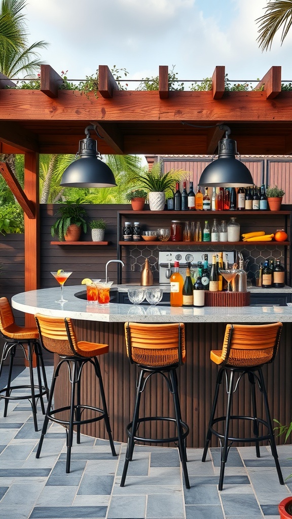 An outdoor kitchen bar area with a round countertop, bar stools, and drinks displayed on shelves.