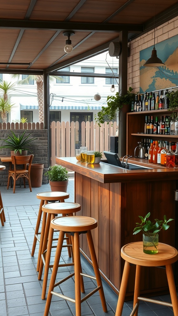 A stylish outdoor bar area with wooden bar, stools, and a variety of beverages