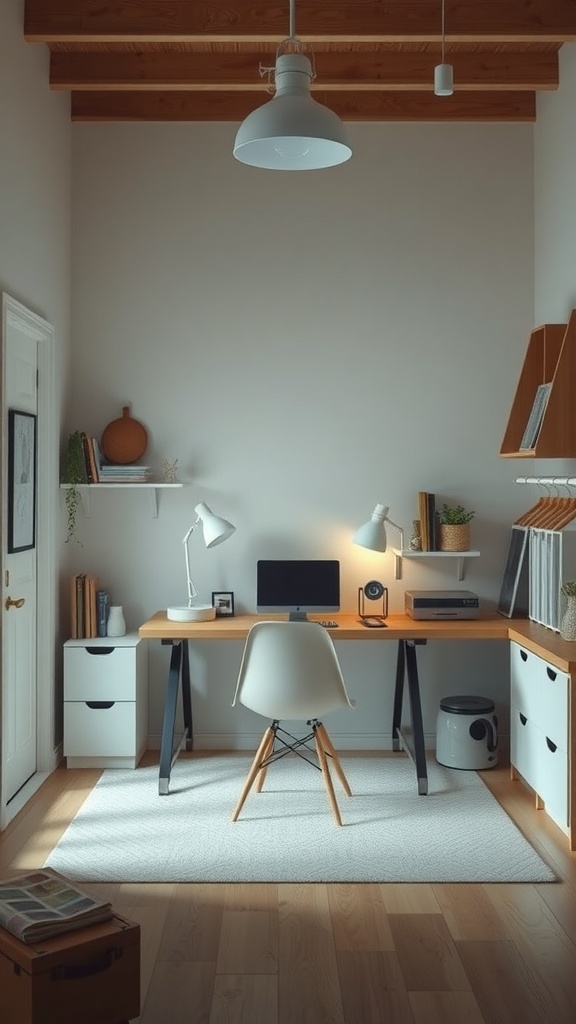 A serene hobby room featuring a desk with a computer, comfortable chair, and warm wooden beams.