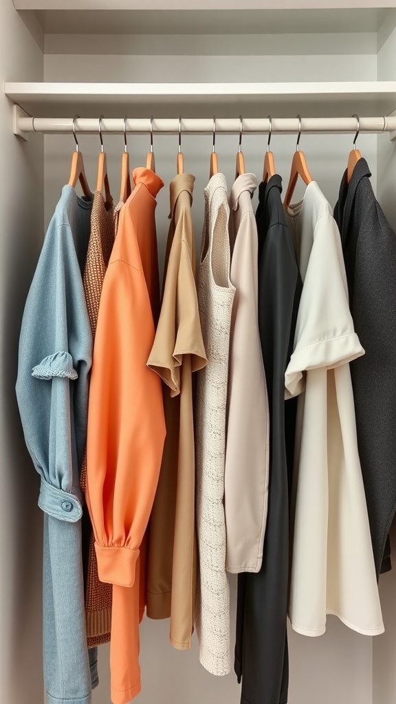 A neatly organized closet with a variety of stylish tops in soft colors hanging on wooden hangers.