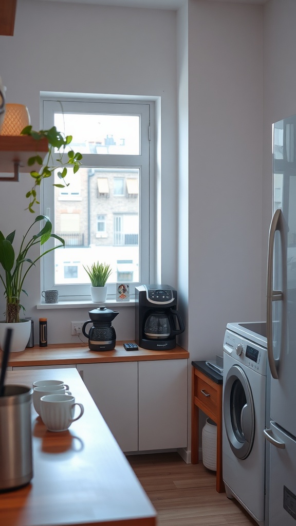 A cozy kitchen corner featuring a coffee maker, mugs, and plants.