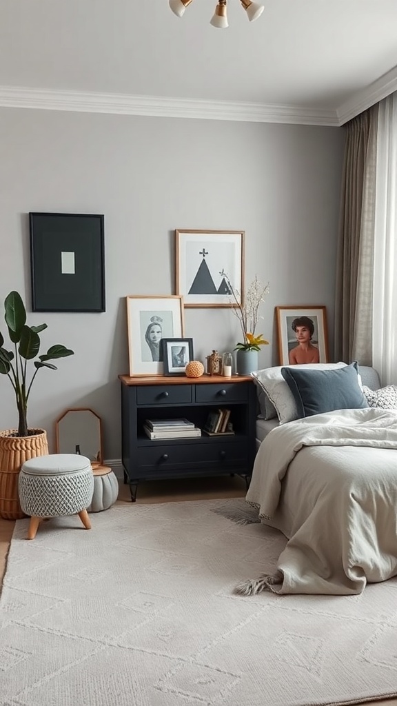 A cozy grey and black bedroom featuring soft linens, stylish furniture, and decorative artwork.