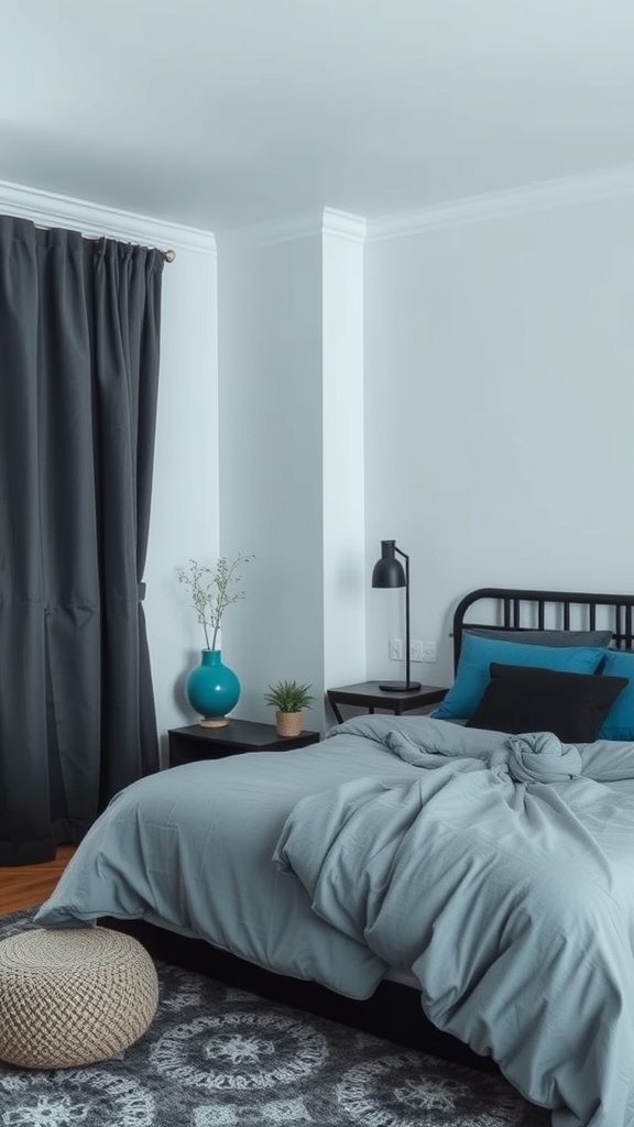 A cozy black and blue bedroom featuring a bed with soft blue bedding, dark curtains, and natural decor elements.