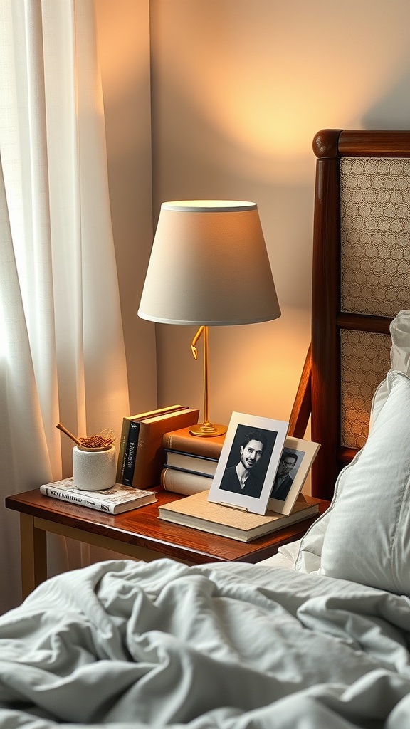 A cozy bedside setup featuring a lamp, books, and a framed photo on a wooden bedside table.