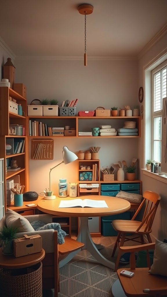 A cozy crafting nook with a round table, wooden shelves filled with supplies, and a warm light.