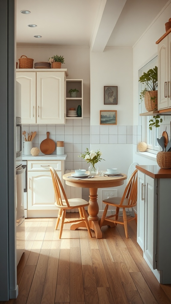 A cozy small kitchen with a round wooden table, two wooden chairs, and light streaming through the window.