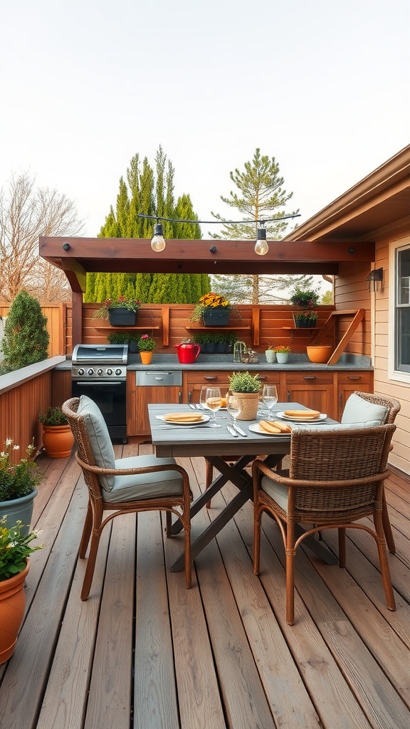A cozy outdoor dining area on a deck with a wooden table, comfortable chairs, and a grill.
