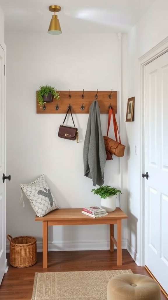 Cozy entryway featuring a wooden bench, wall-mounted hooks, a plant, and soft lighting.