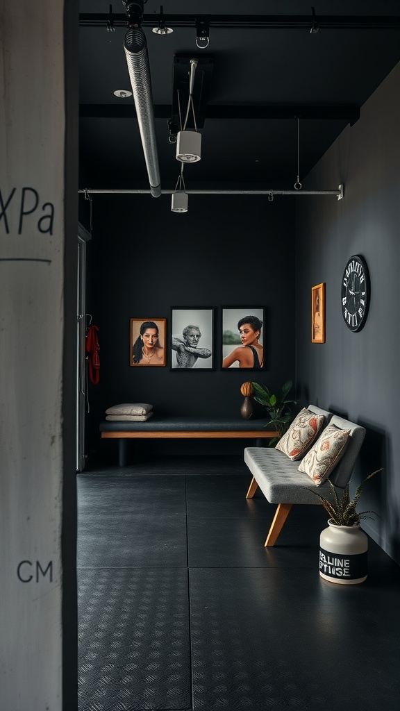 A cozy lounge space in a black garage gym featuring a bench, pillows, artwork, and plants.