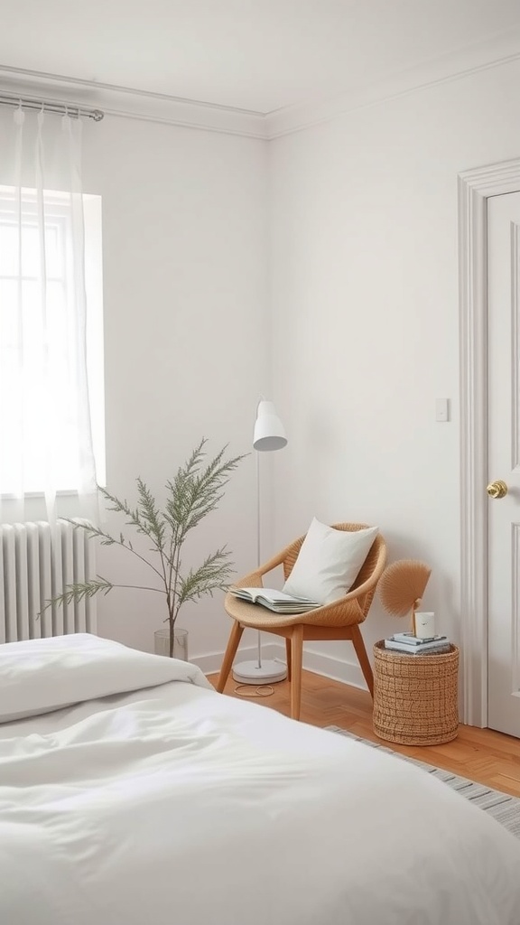 A minimal white bedroom featuring a cozy nook with a chair, side table, and plant.