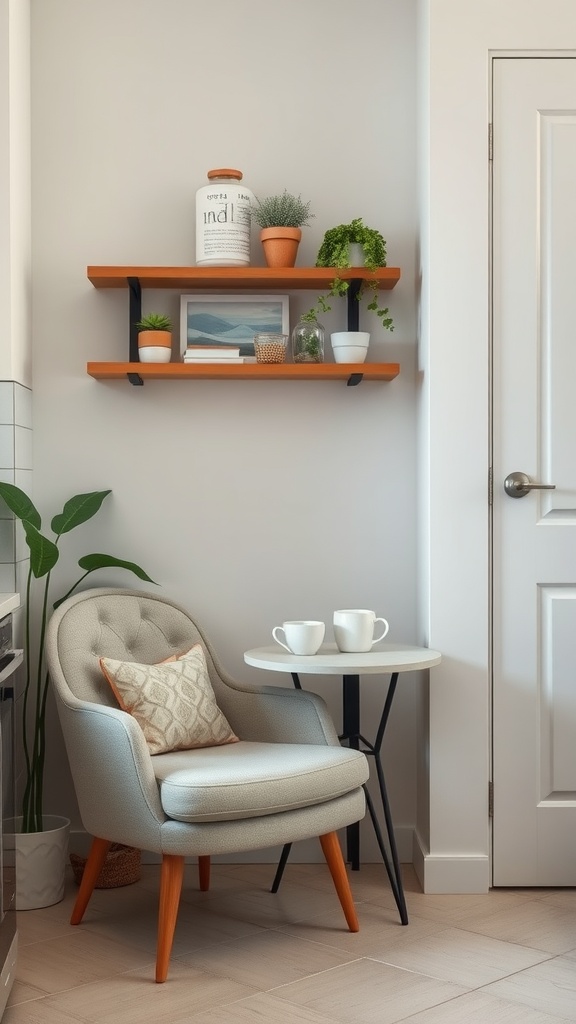 A cozy nook in a small kitchen featuring a comfortable chair, a round table with two mugs, and wooden shelves with plants and decorative items.