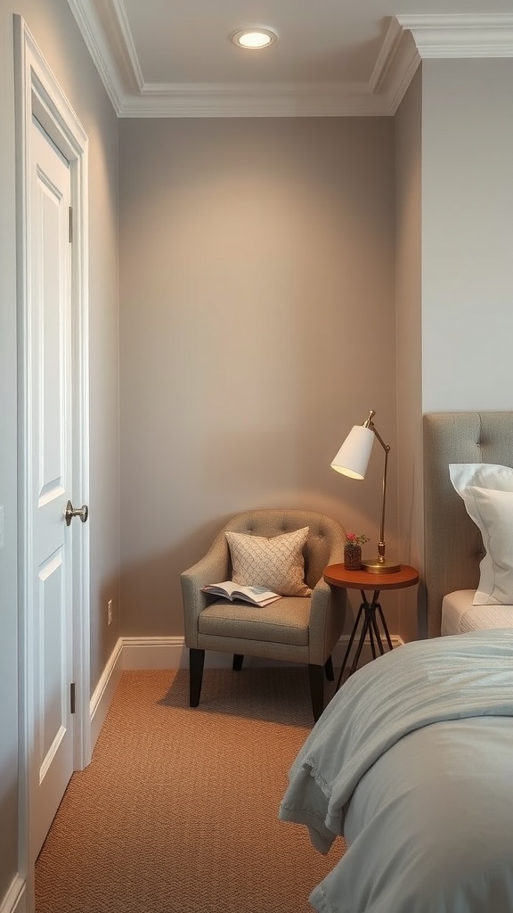 Cozy nook with an accent chair in a narrow bedroom