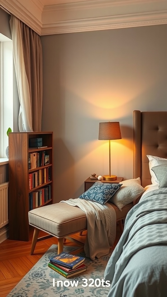 Cozy reading nook in a bedroom with a lamp, ottoman, and bookshelf