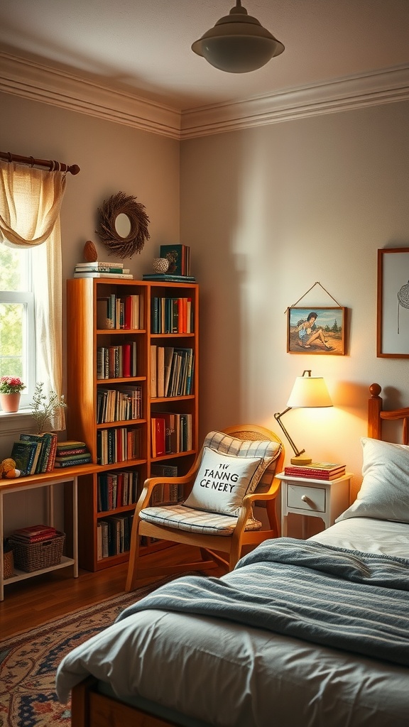 Cozy reading nook in a small bedroom with an armchair, bookshelves, and soft lighting.