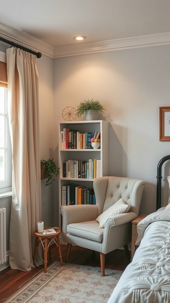 Cozy reading nook with a plush armchair, bookshelf, and small side table in a bedroom