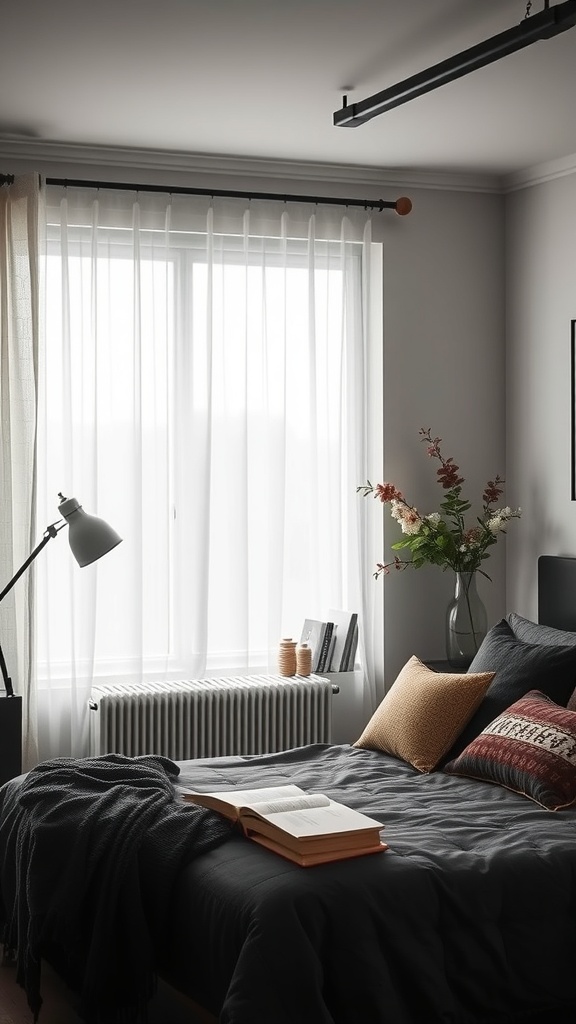 Cozy bedroom with a reading nook featuring a bed with dark bedding, a lamp, and a window with sheer curtains.