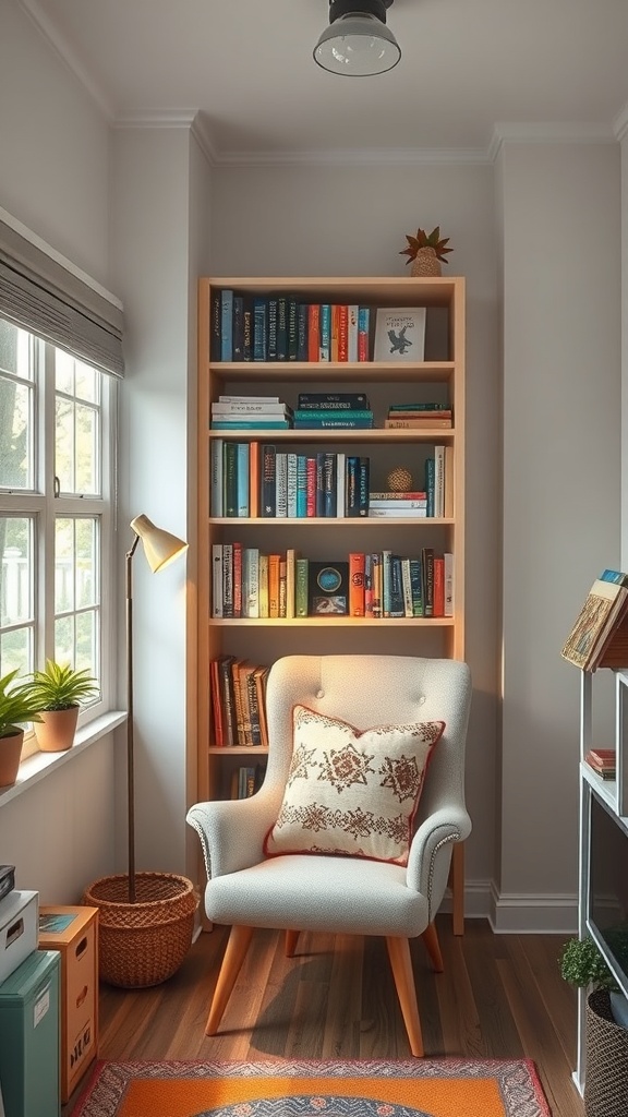 A cozy reading nook with a comfortable chair, a warm lamp, a colorful bookshelf, and plants.