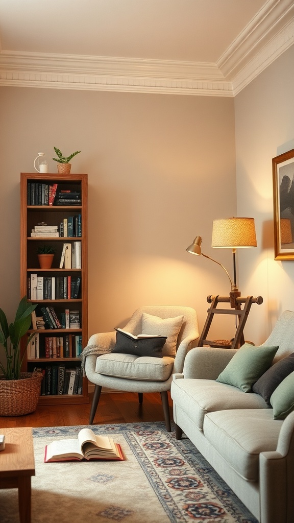 A cozy reading nook with an inviting chair, a tall bookshelf, and warm lighting.