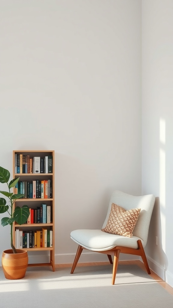 A cozy reading nook featuring a soft chair with a decorative pillow and a bookshelf filled with colorful books, accompanied by a potted plant.